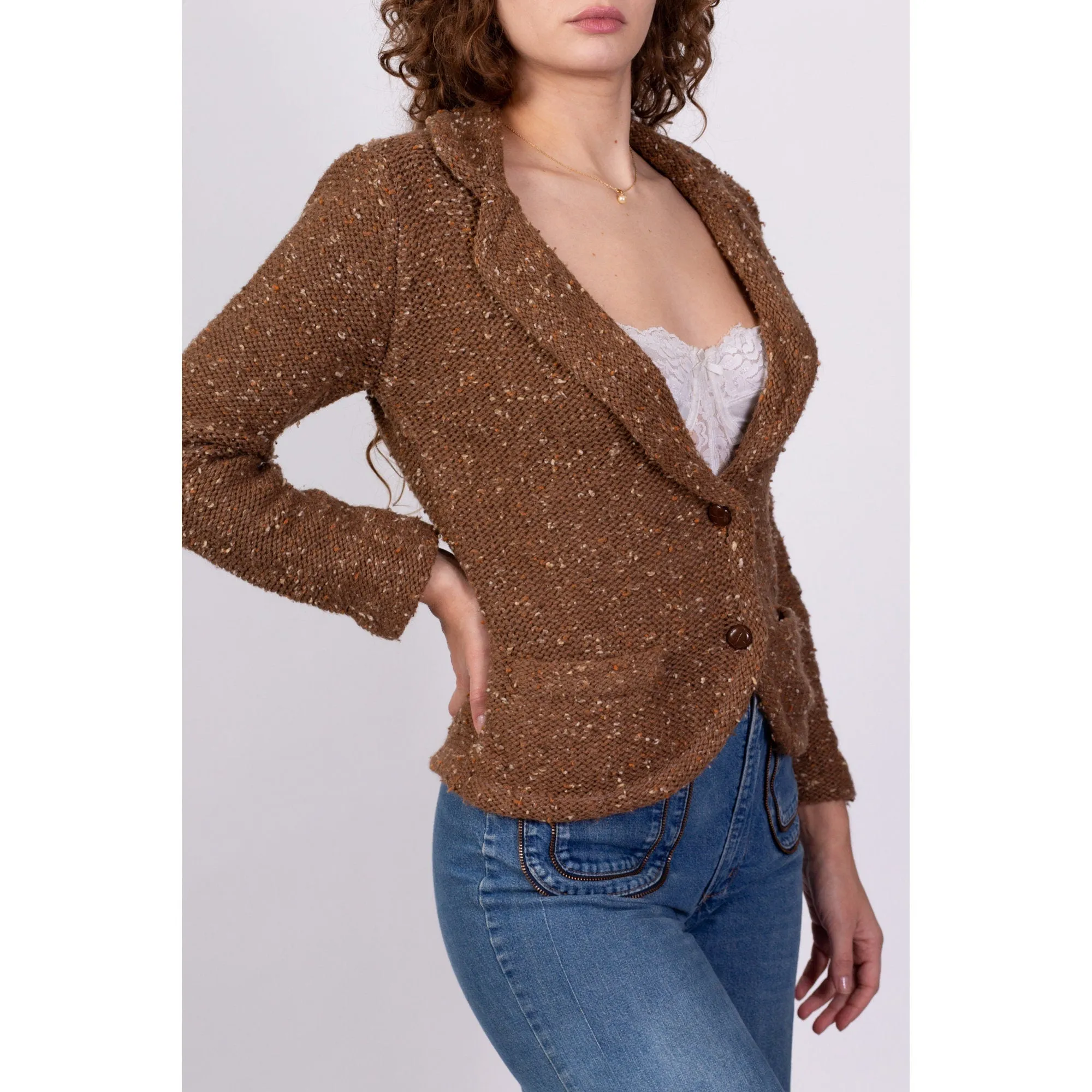 70s 80s Brown Confetti Knit Cardigan - Small