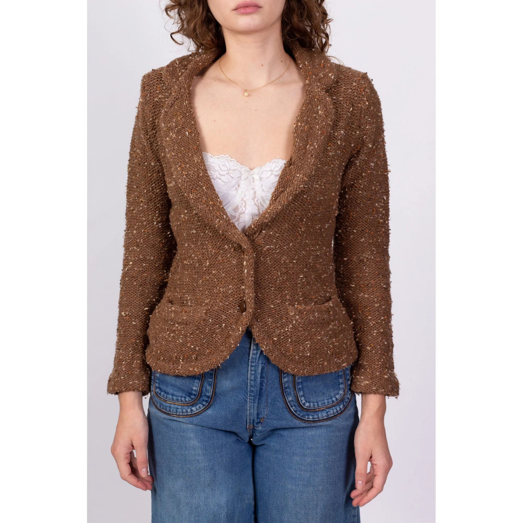 70s 80s Brown Confetti Knit Cardigan - Small