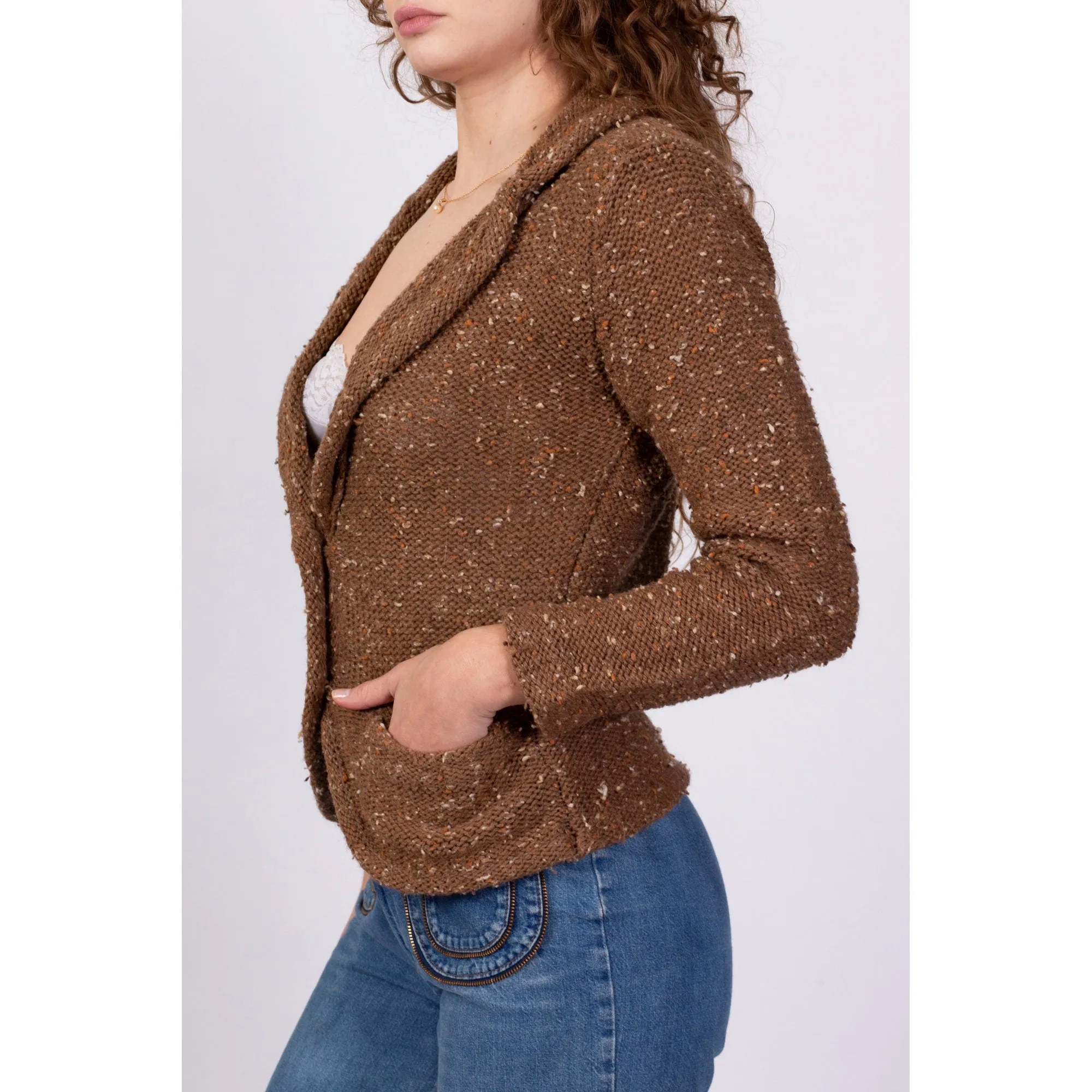 70s 80s Brown Confetti Knit Cardigan - Small