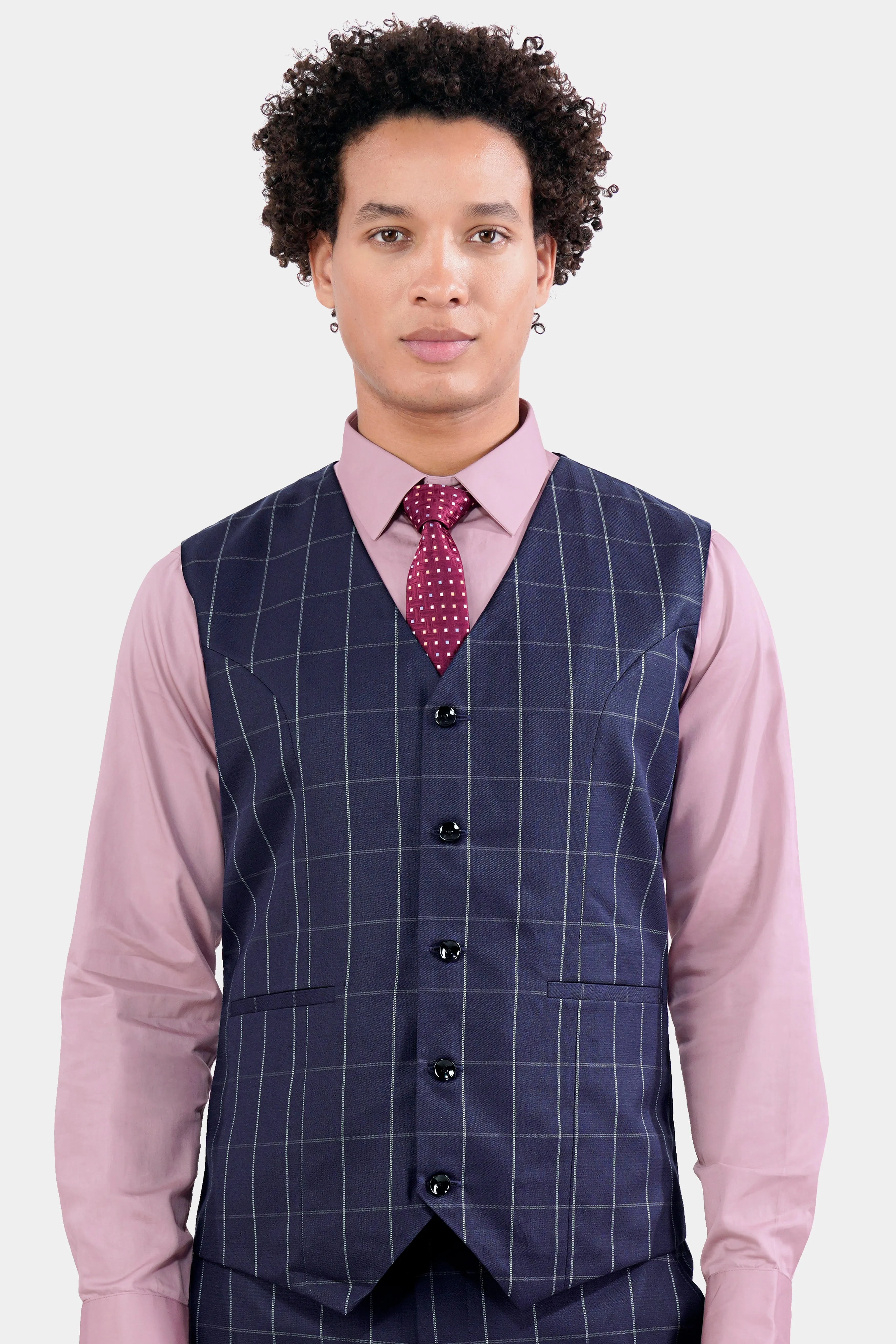 Admiral Blue Windowpane Wool Rich Waistcoat