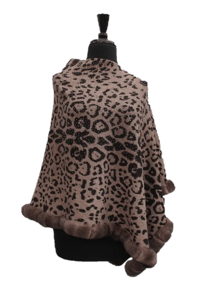 Animal Print Poncho with Embellishments and Fur Trim- Leopard