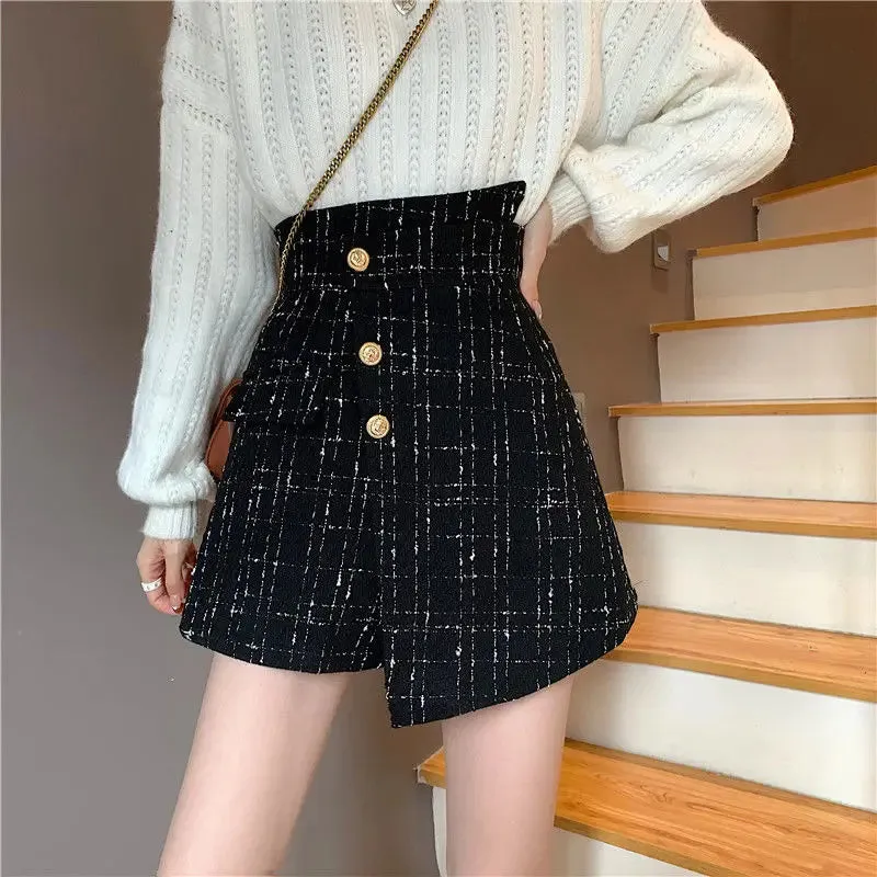 Autumn 2024 Classic Woolen Plaid Mini Shorts High Waist Skirt Shorts