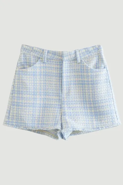 Autumn Shorts England Plaid Texture Woolen High Waist Bermuda Women