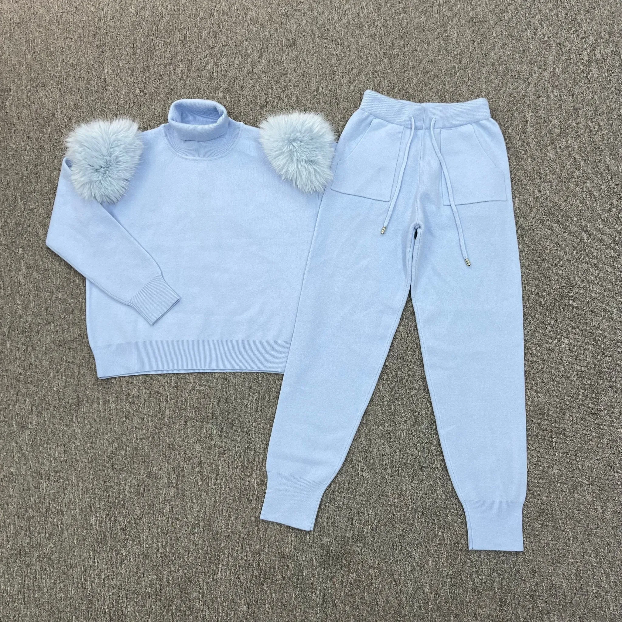 Baby Blue Faux Fur Shoulder Roll Neck Jogger Tracksuit