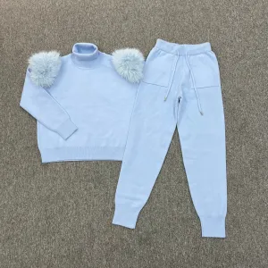 Baby Blue Faux Fur Shoulder Roll Neck Jogger Tracksuit