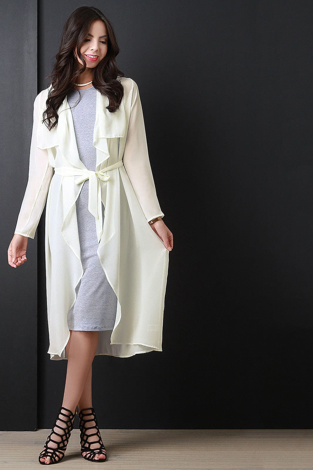 Belted Chiffon Draped Longline Cardigan Jacket