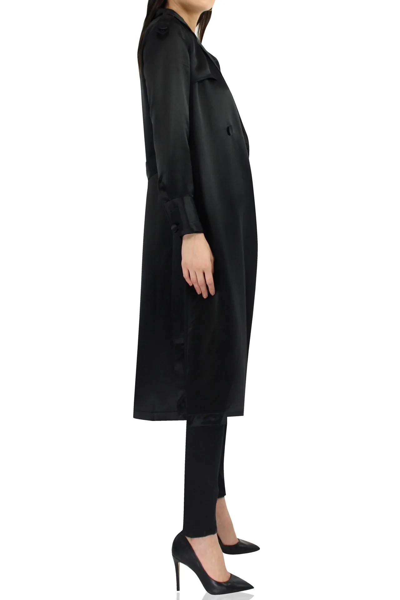 Belted Satin Trench Coat In Black