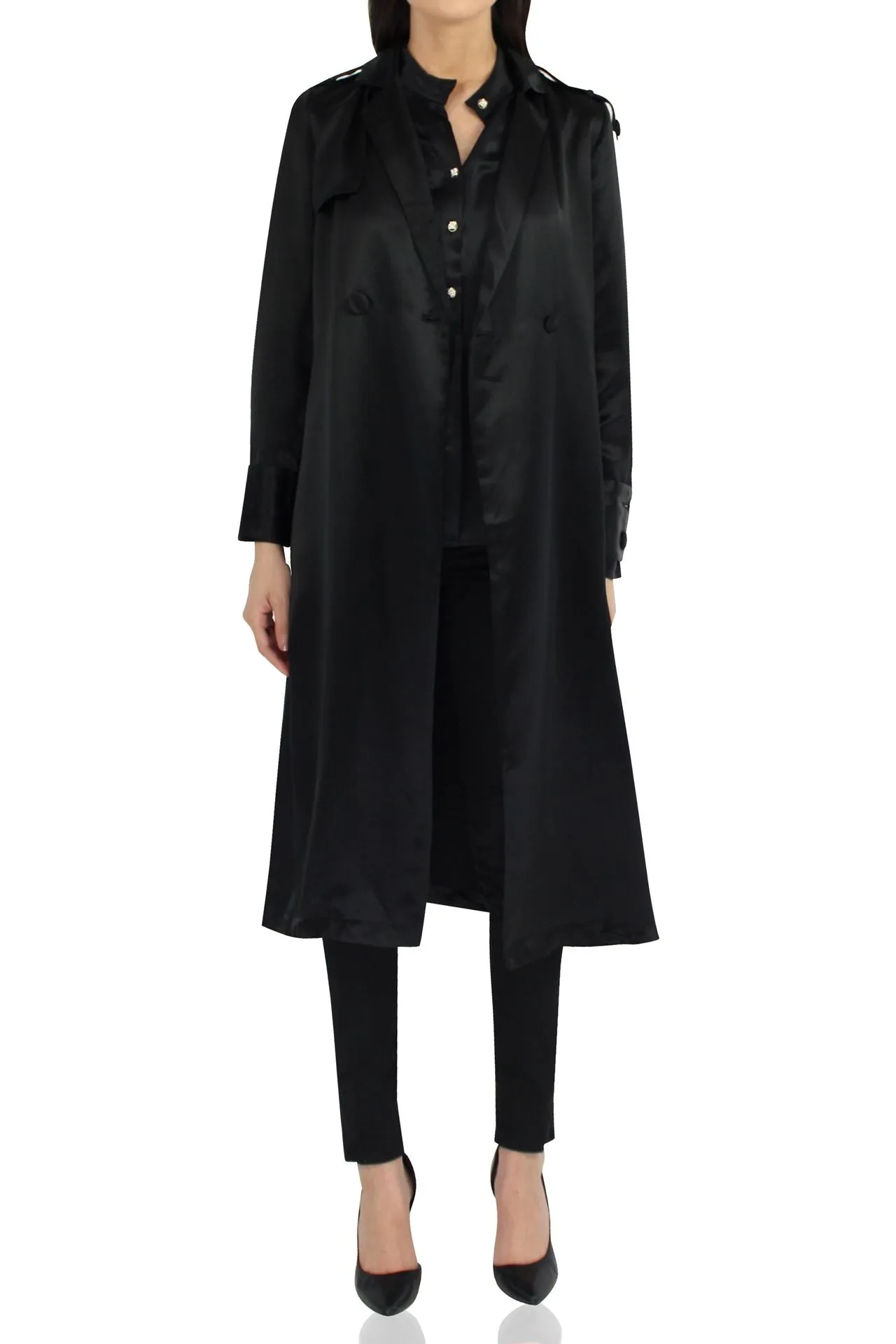 Belted Satin Trench Coat In Black