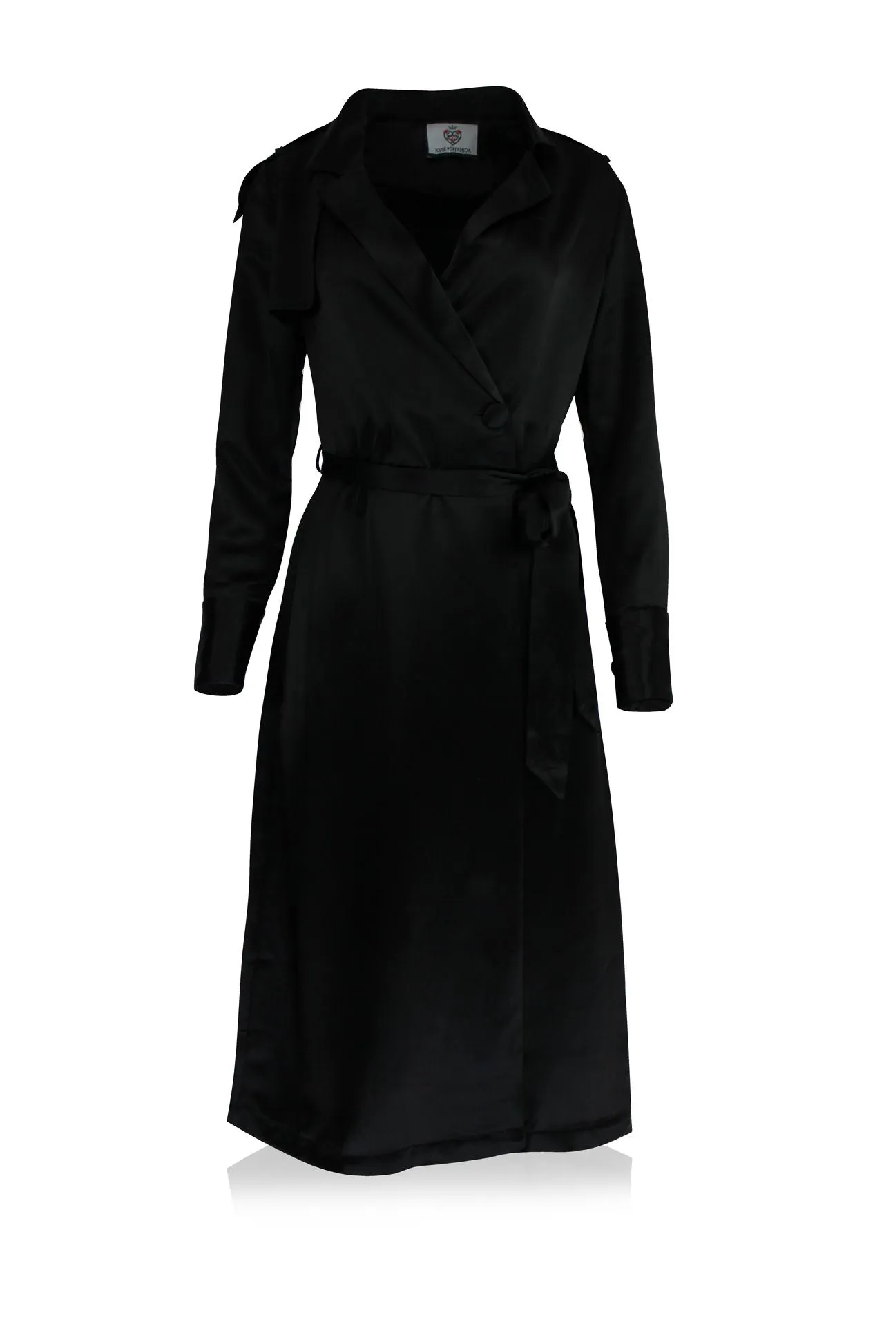 Belted Satin Trench Coat In Black