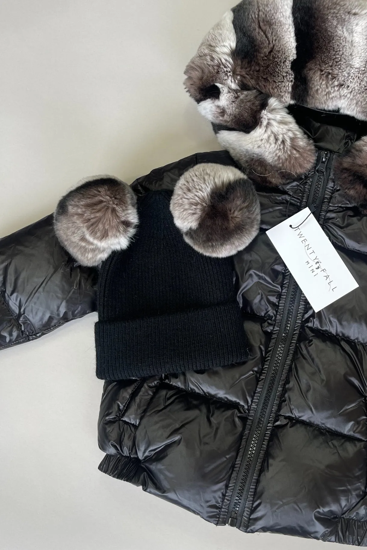 Black Double Rex Fur Pom Pom Hat