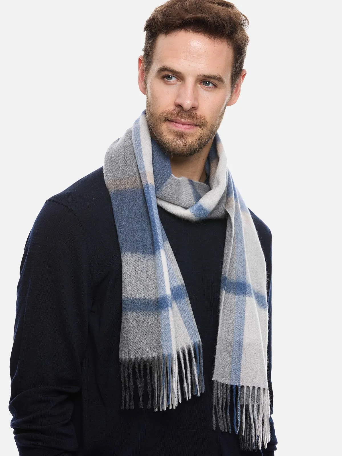 Blue Gray Plaid Mens Cashmere Scarf