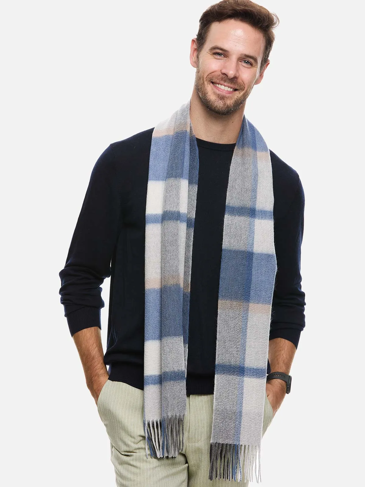 Blue Gray Plaid Mens Cashmere Scarf