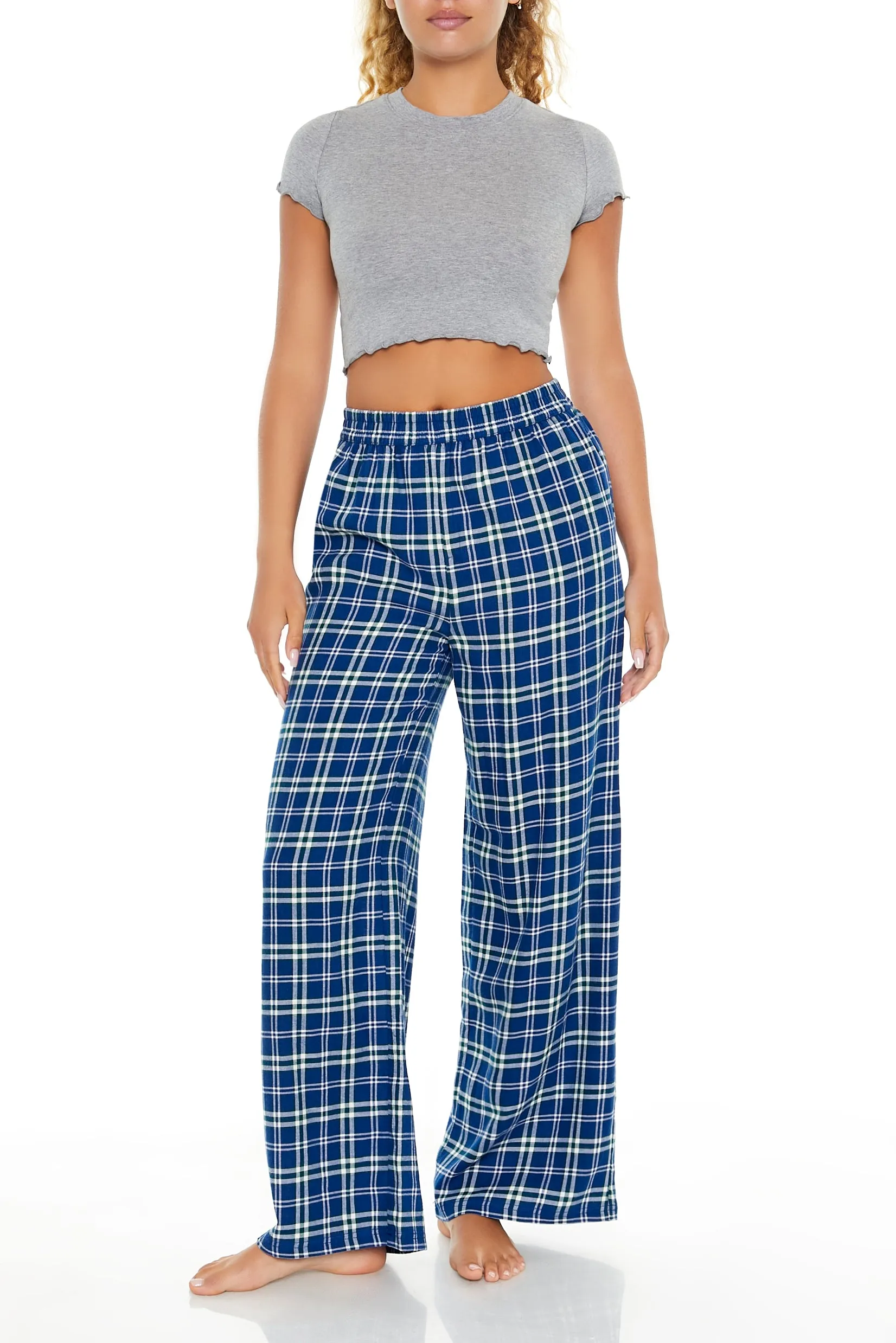 Blue Plaid Print Wide Leg Pajama Pant