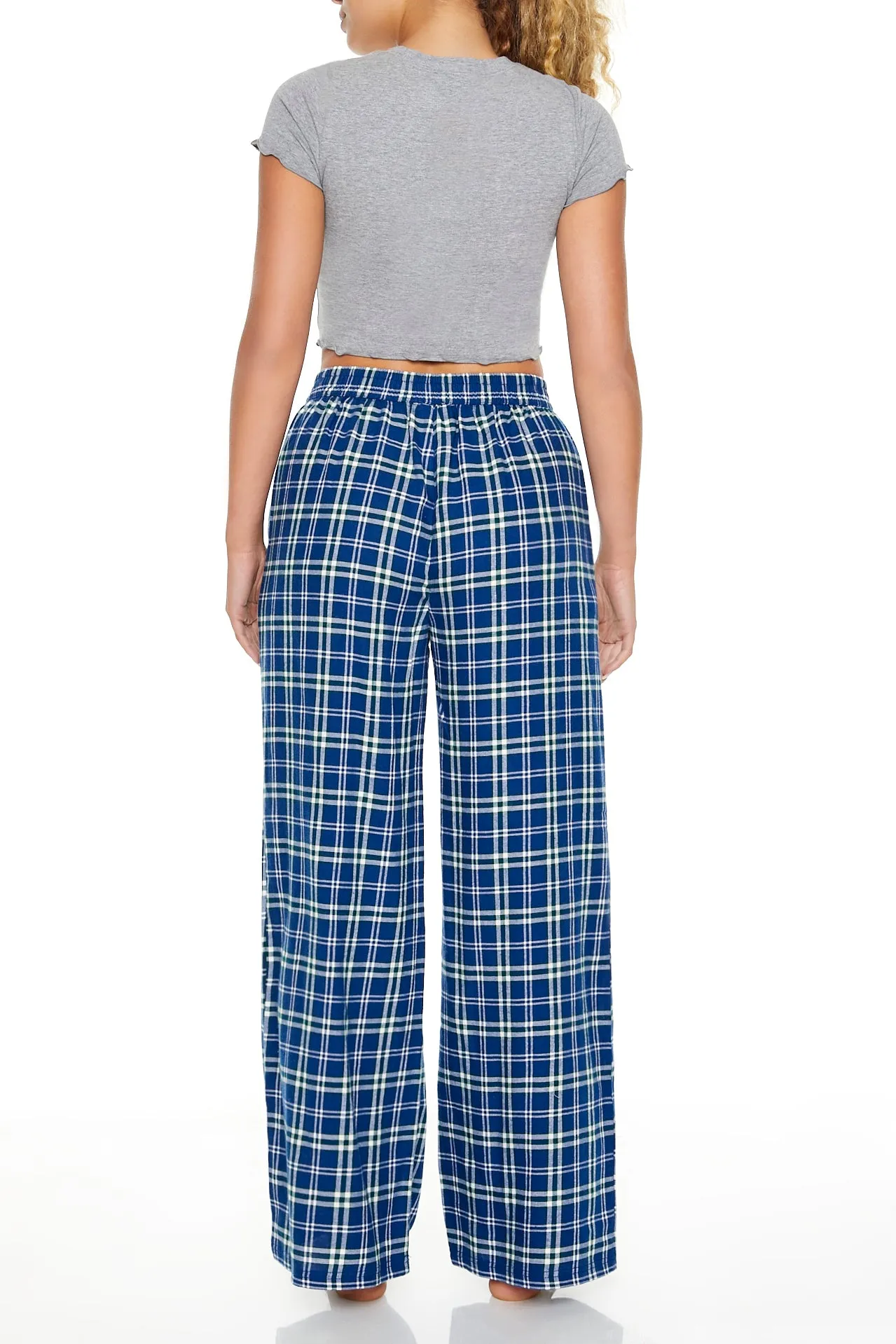 Blue Plaid Print Wide Leg Pajama Pant