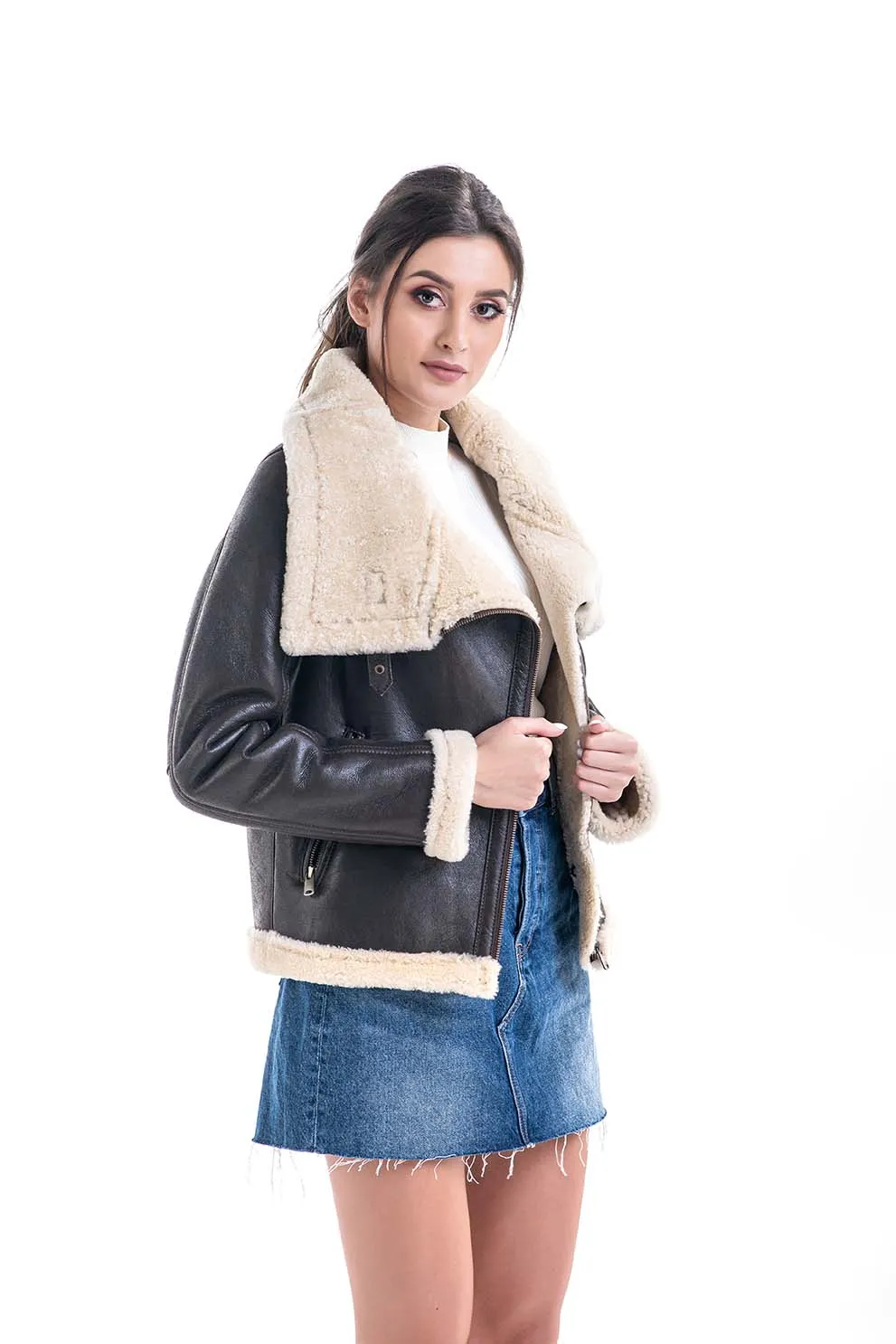 Brown Shearling Leather Jacket with Merino Fur Detailing