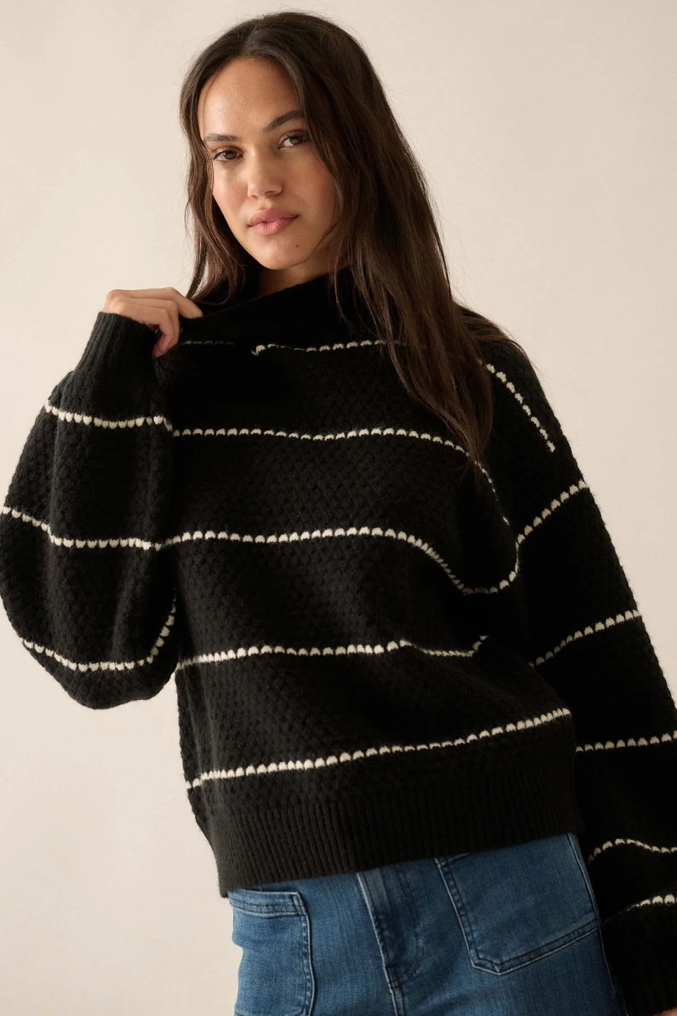 Call Me Cozy Striped Bubble Knit Mock-Neck Sweater