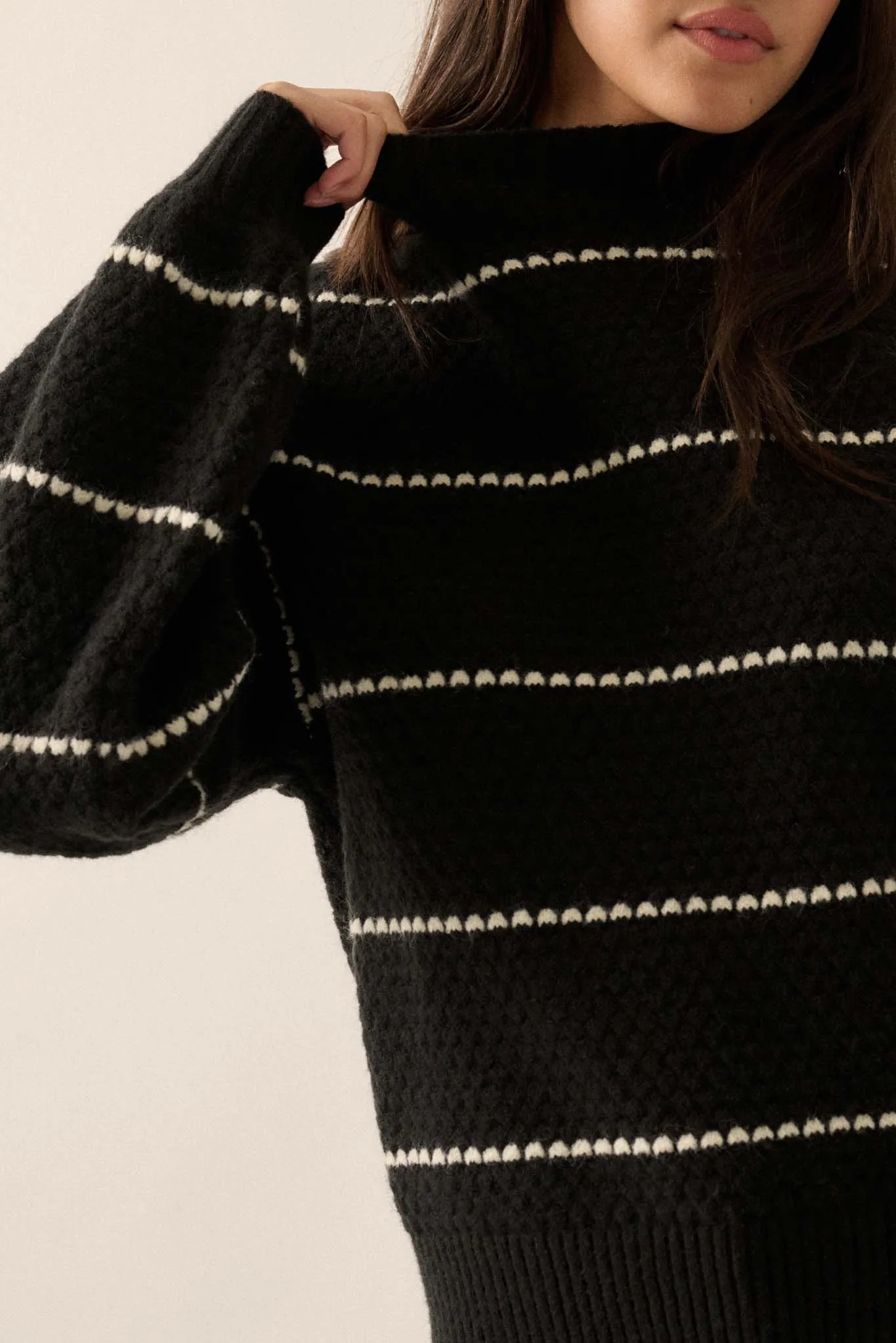 Call Me Cozy Striped Bubble Knit Mock-Neck Sweater