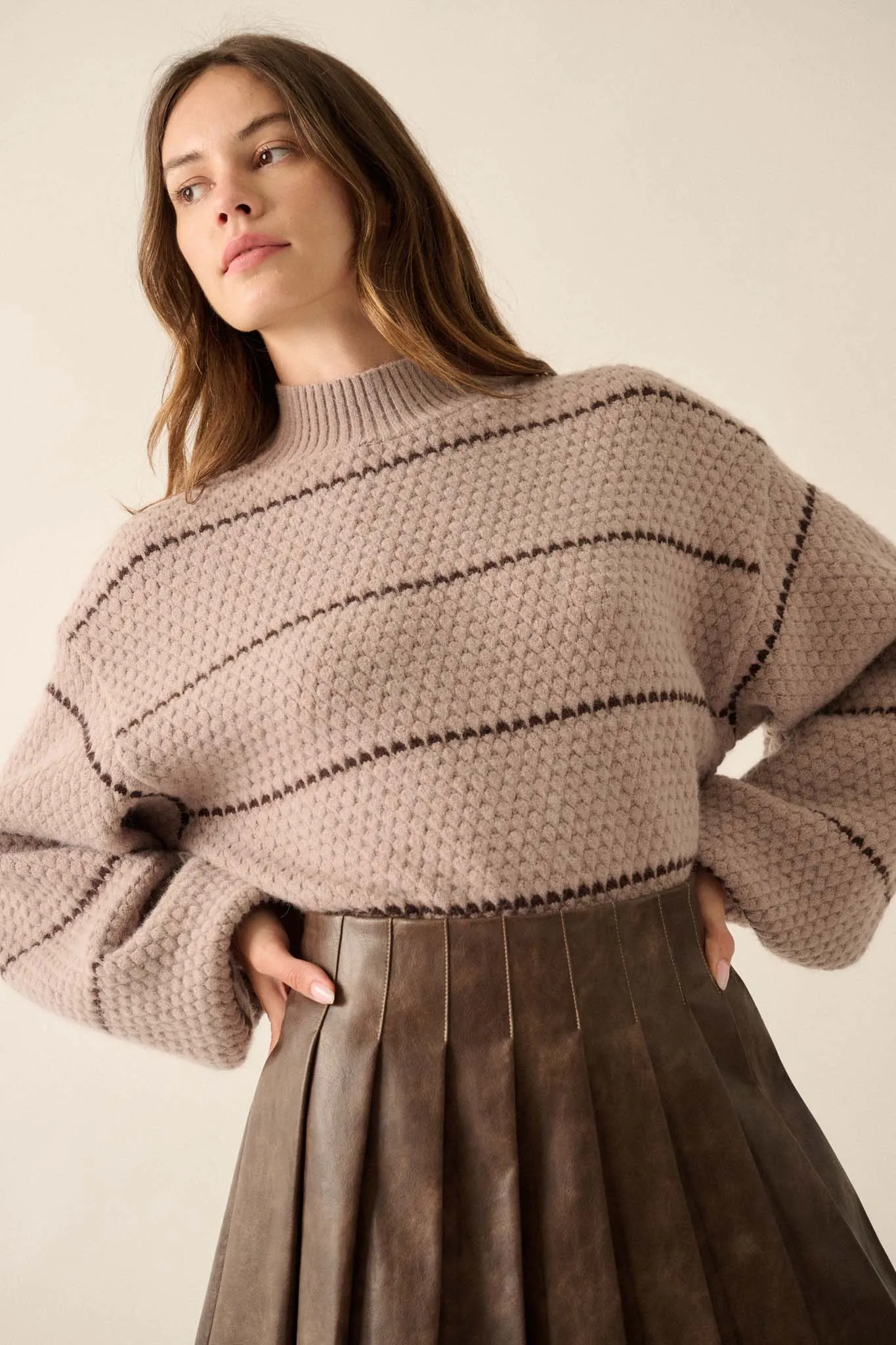 Call Me Cozy Striped Bubble Knit Mock-Neck Sweater