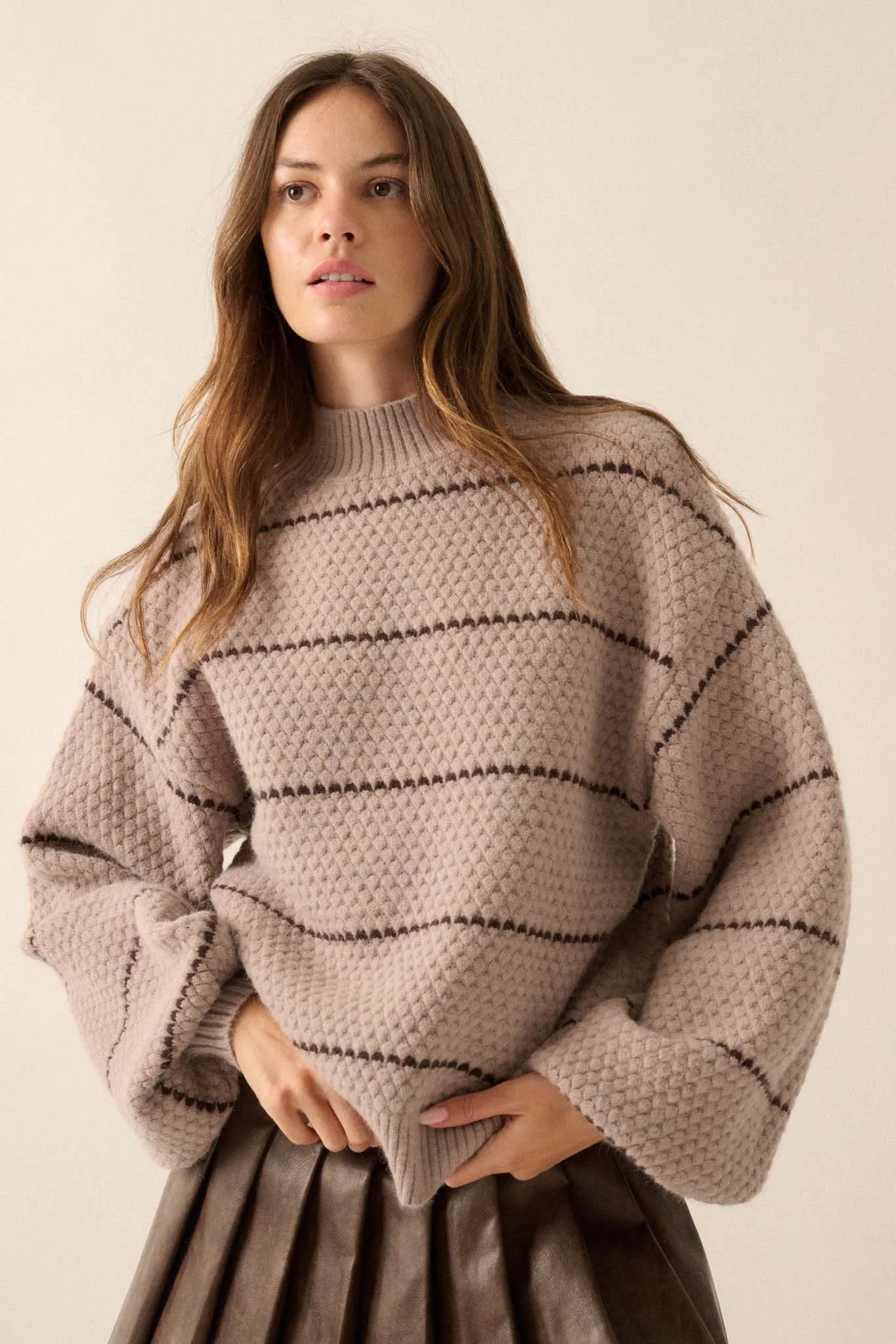 Call Me Cozy Striped Bubble Knit Mock-Neck Sweater