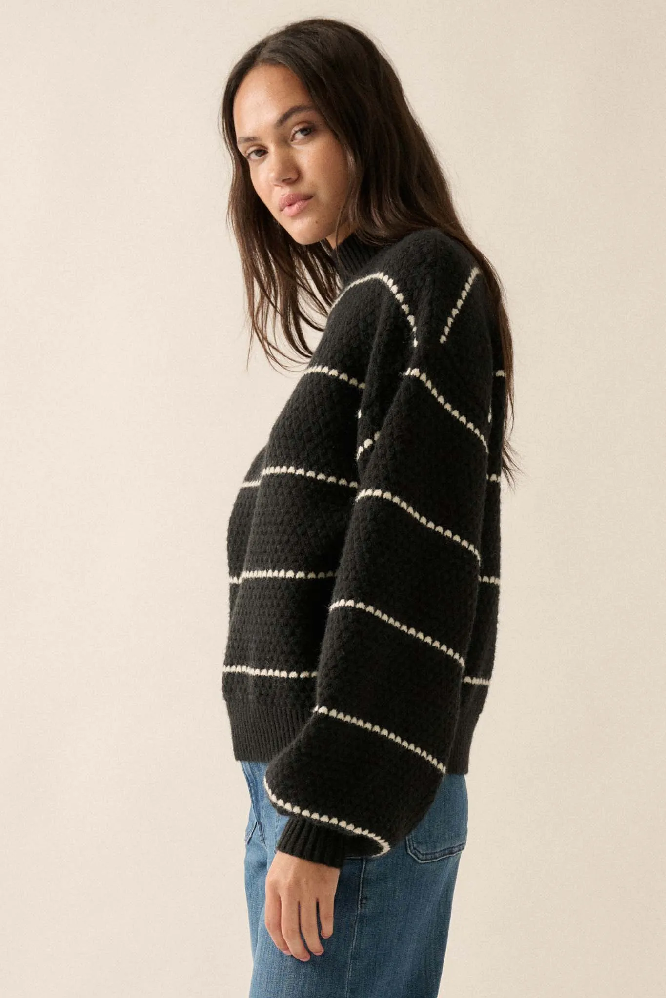 Call Me Cozy Striped Bubble Knit Mock-Neck Sweater