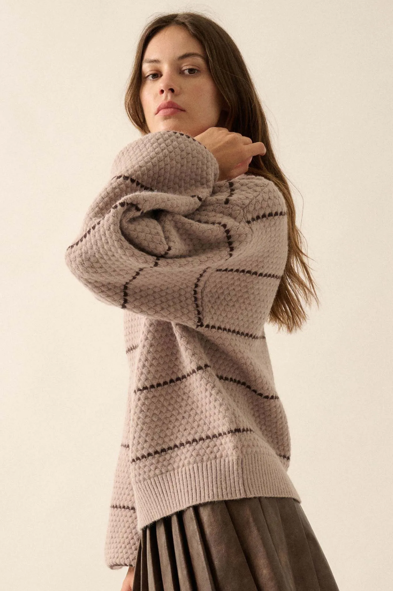 Call Me Cozy Striped Bubble Knit Mock-Neck Sweater