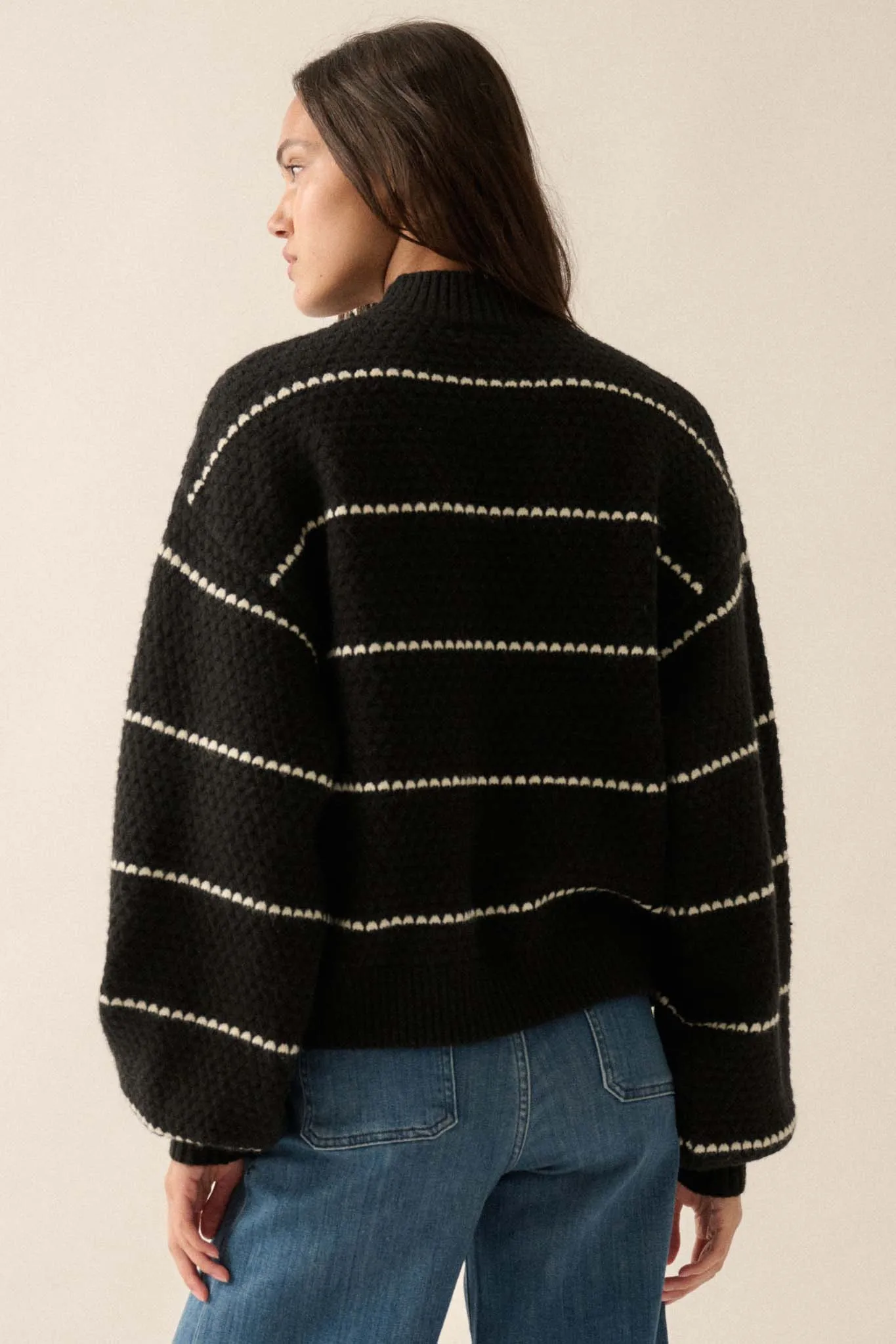 Call Me Cozy Striped Bubble Knit Mock-Neck Sweater