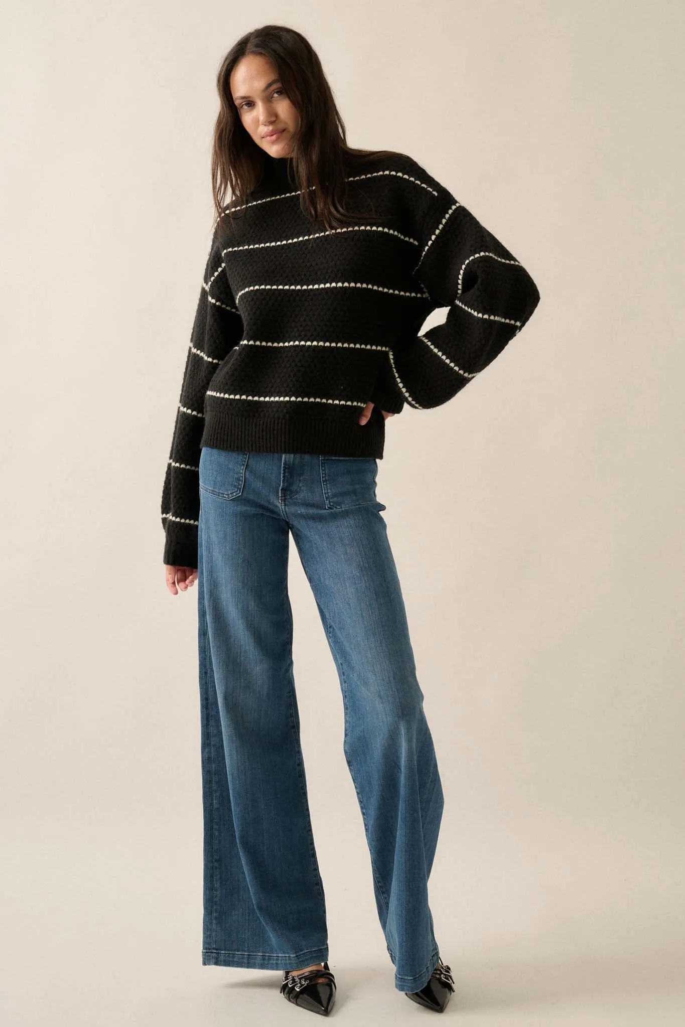 Call Me Cozy Striped Bubble Knit Mock-Neck Sweater