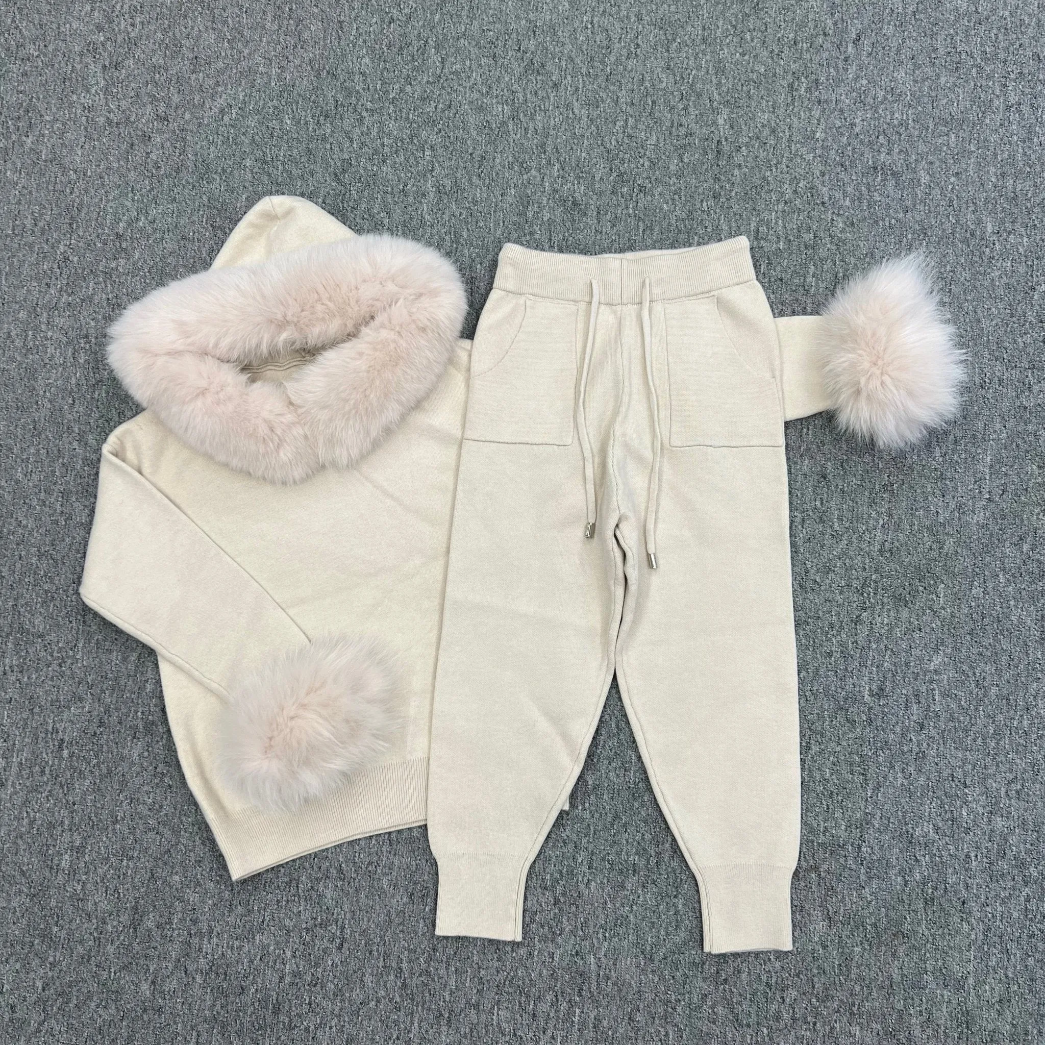 Childrens Light Beige Luxury Fur Trim Hood & Cuff Tracksuit