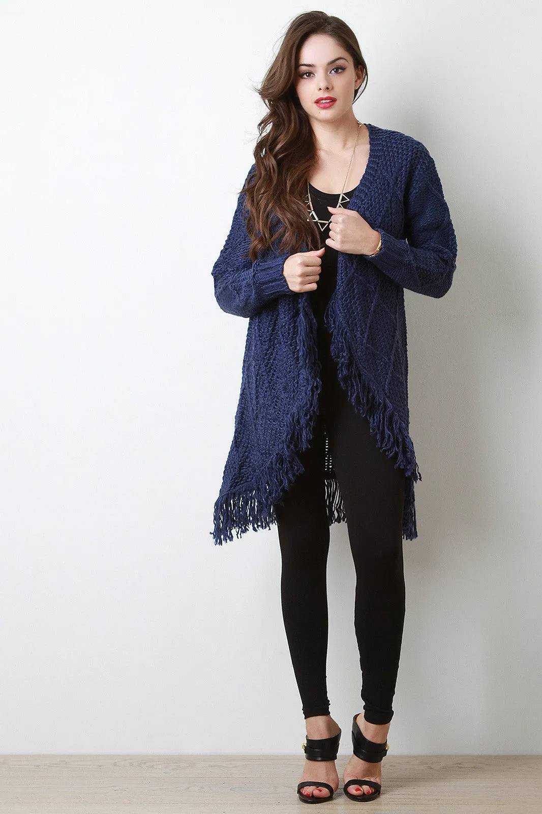 Chunky Knit Open Front Fringe Cardigan