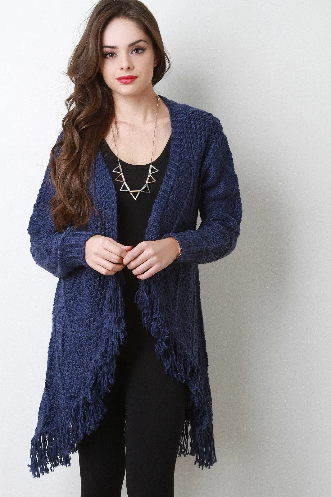 Chunky Knit Open Front Fringe Cardigan