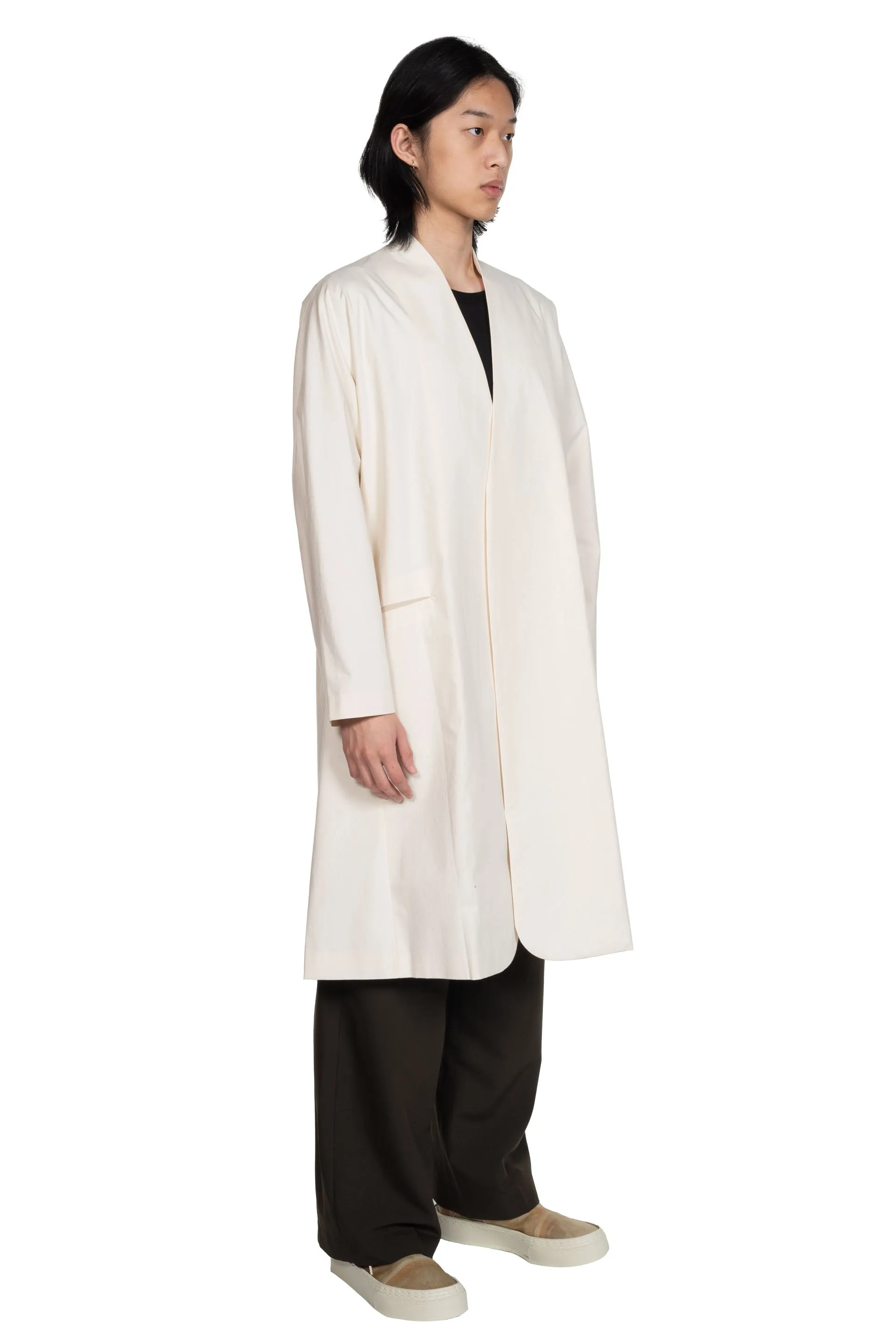 Collarless Long White Coat