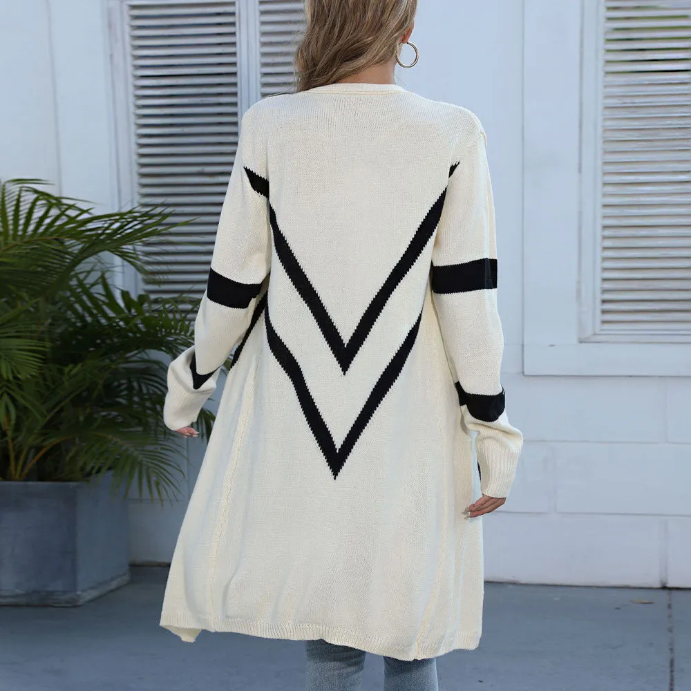 Contrast Chevron Jacquard Open Front Longline Knit Cardigan