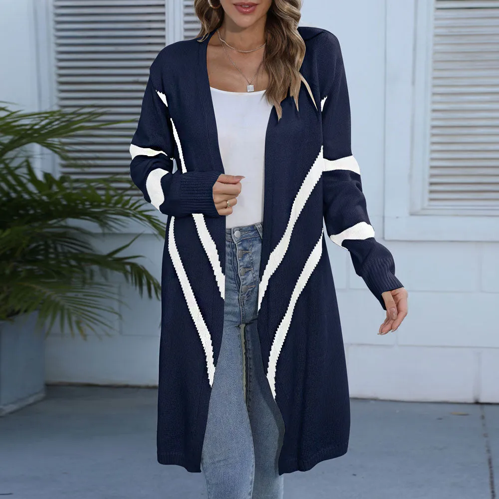 Contrast Chevron Jacquard Open Front Longline Knit Cardigan