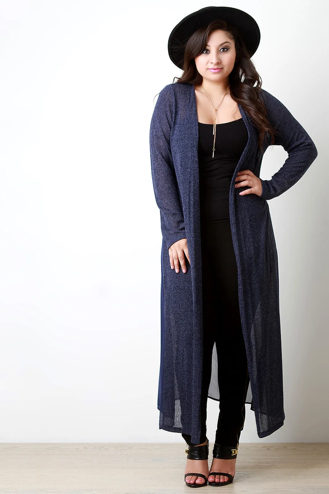 Contrast Knit Crochet Chiffon Longline Cardigan