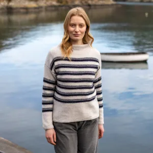 Cream and Navy Stripe Mock Neck Sweater