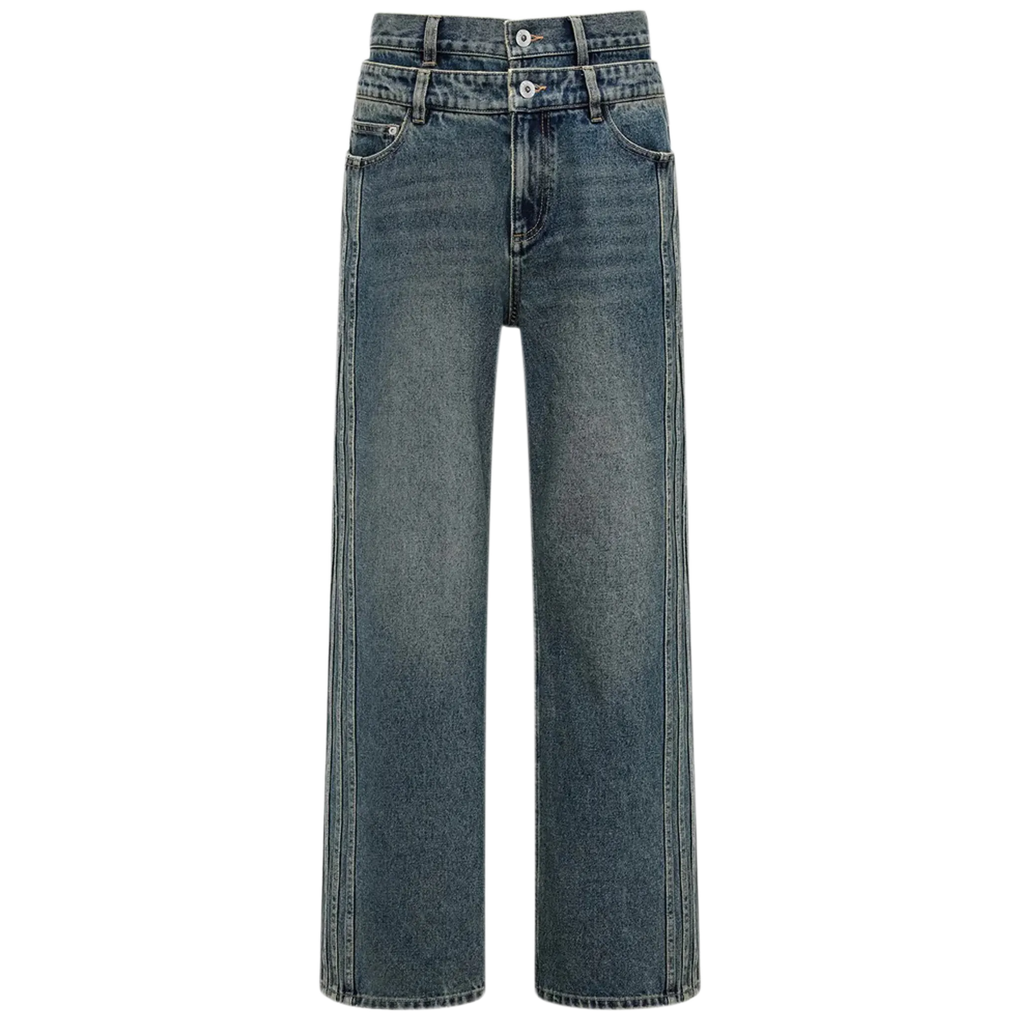 Denim Seaming Double Waist Pants