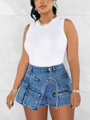 Denim Zipper Graceful Belted Jumpsuit