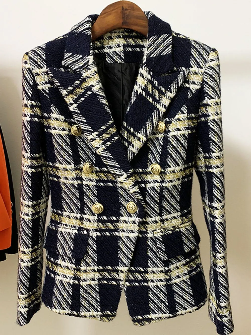 Double Breasted Plaid Wool Tweed Blazer