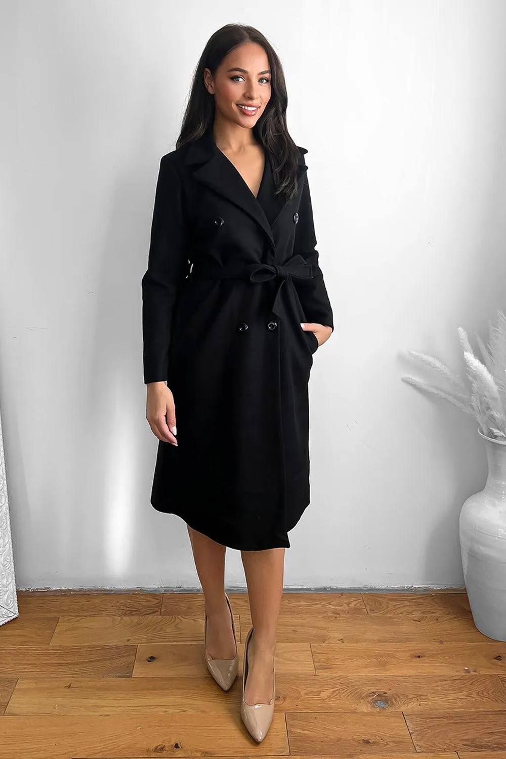 Double Breasted Self Tie Belt Midi Coat