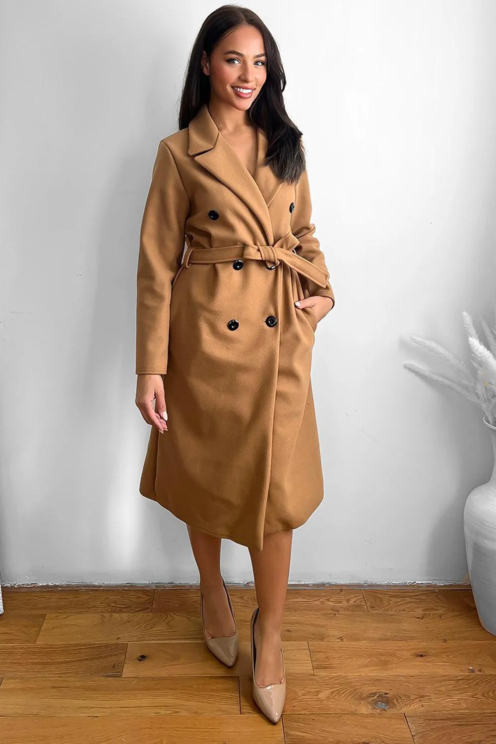 Double Breasted Self Tie Belt Midi Coat