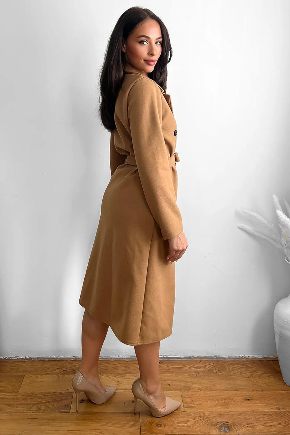 Double Breasted Self Tie Belt Midi Coat