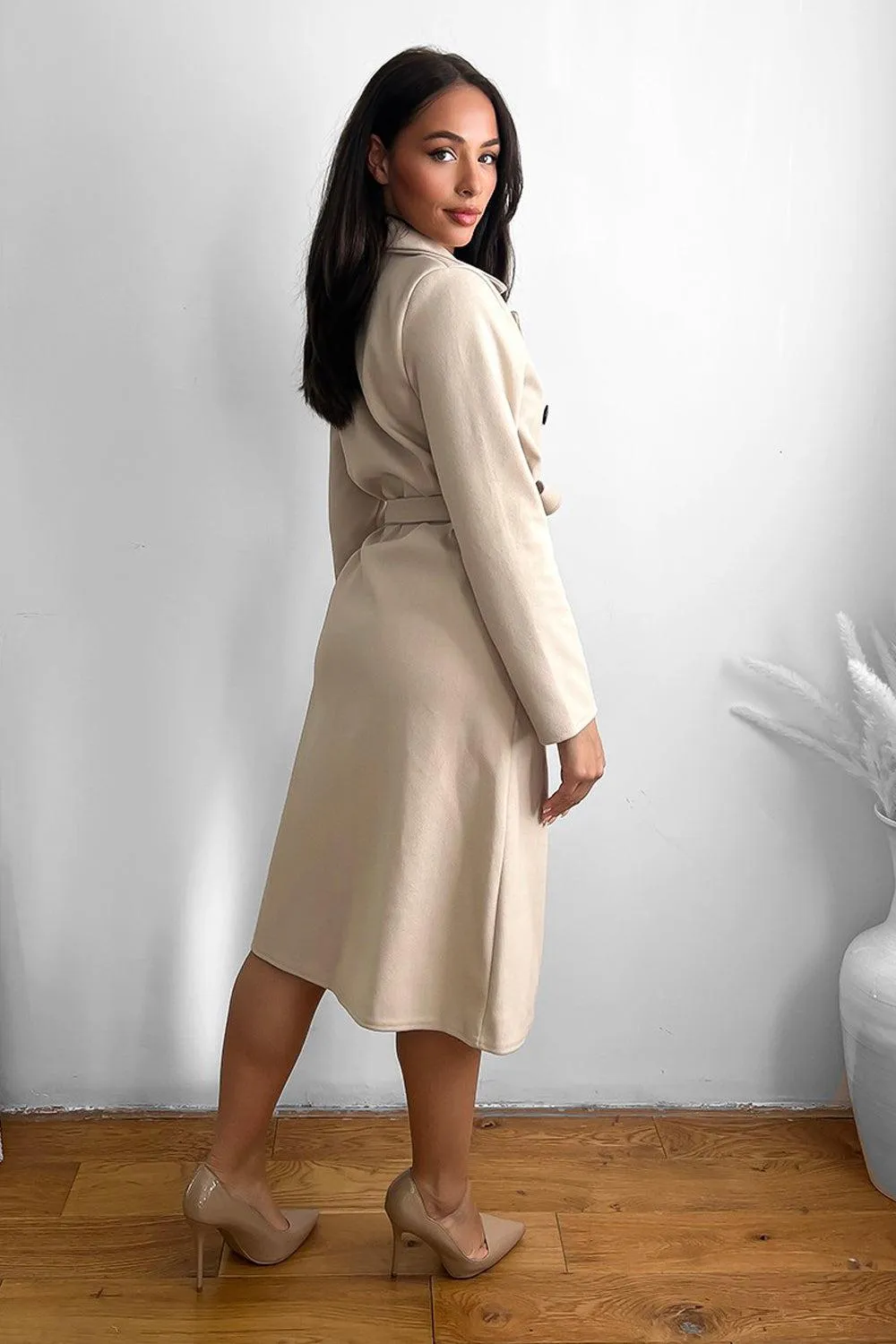 Double Breasted Self Tie Belt Midi Coat