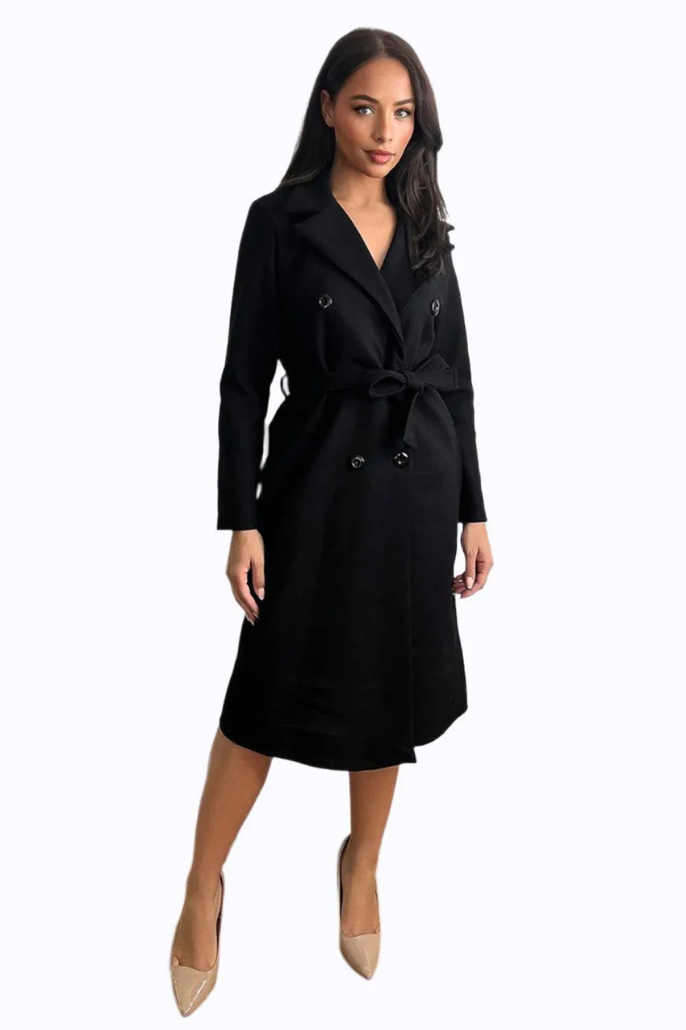 Double Breasted Self Tie Belt Midi Coat