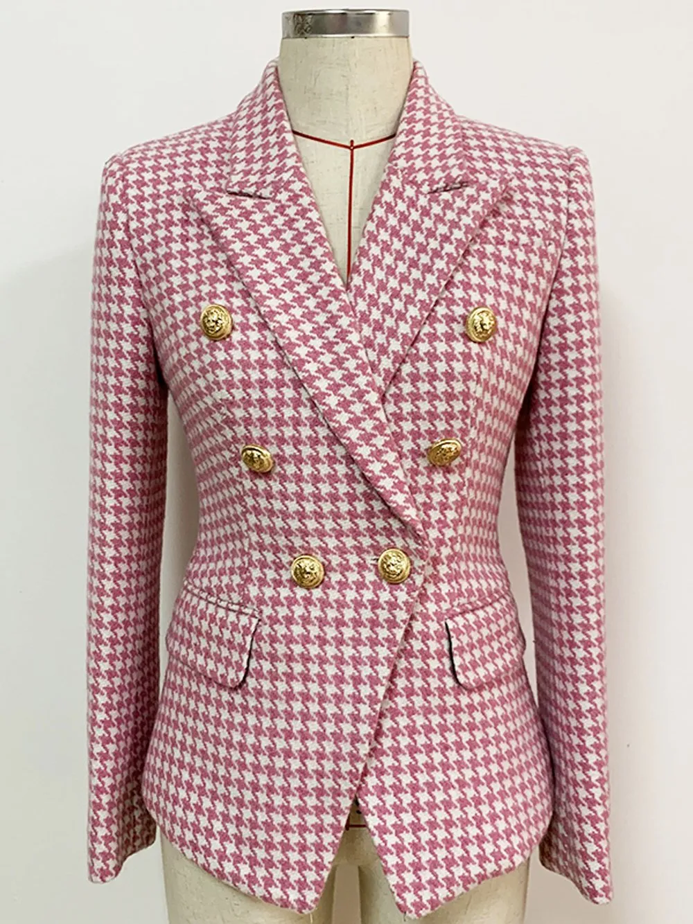 Double Breasted Wool Houndstooth Blazer