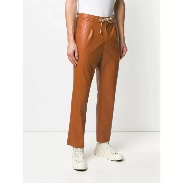 Drawstring Waist Tan Leather Trousers Pant for Men