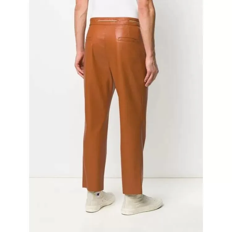 Drawstring Waist Tan Leather Trousers Pant for Men