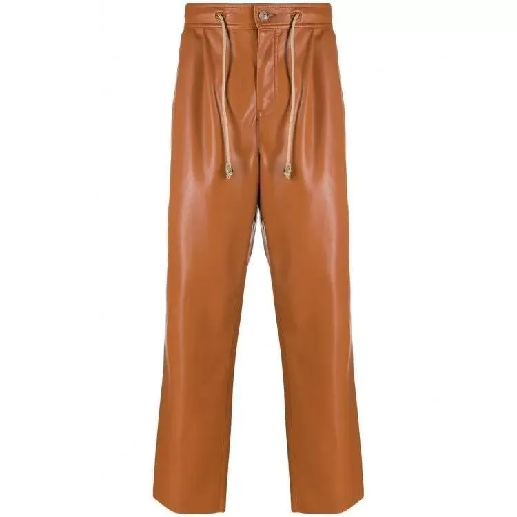 Drawstring Waist Tan Leather Trousers Pant for Men