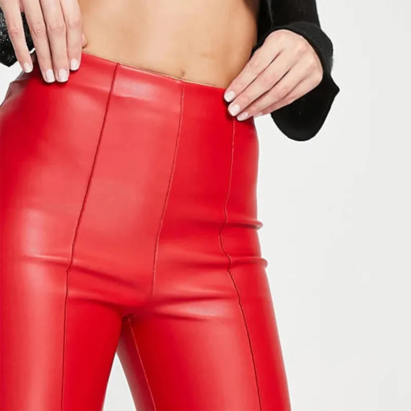 Elastic Mid Waist Faux  Leather Pencil Pants