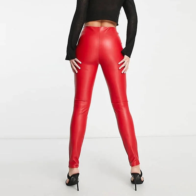 Elastic Mid Waist Faux  Leather Pencil Pants