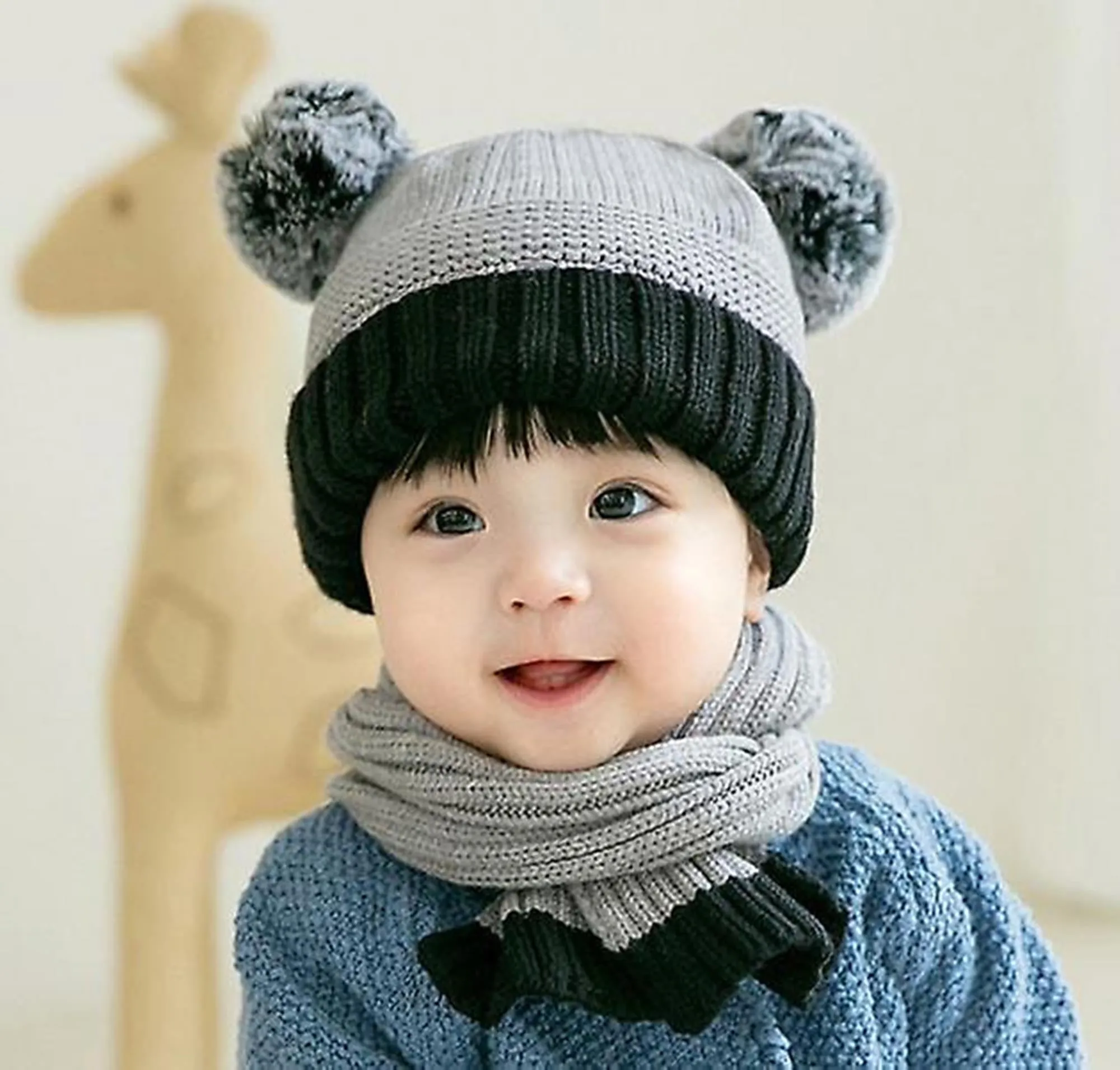 FabSeasons Kids Winter Skull / Beanie caps with scarf Set, fits for 6 Months - 3 Years Old Baby Boys & Girls / Toddler